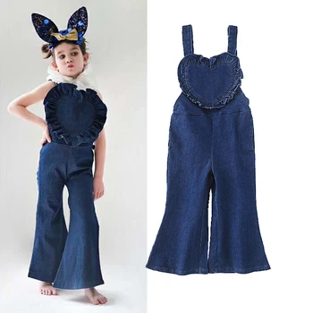 

Spring Summer pleated heart pattern baby denim overall girls flared jumpsuit kids overall children suspender trousers 1 to 7 yrs