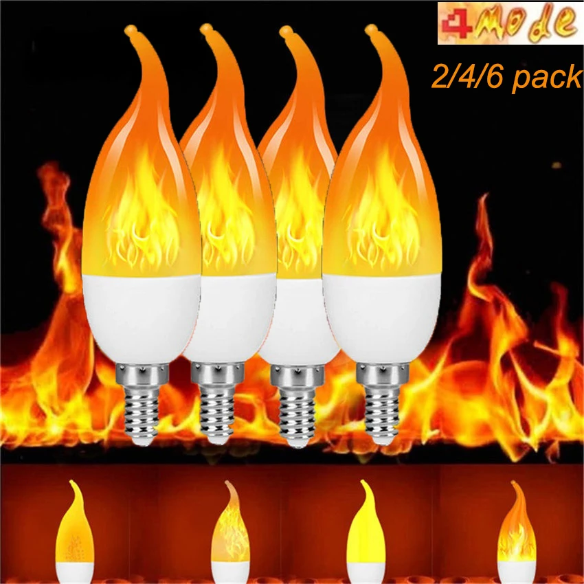 E12 Base 2W Red Flame Light 4 Pack LED Simulated Fire Flicker Flame Candelabra Light Bulb Emulation General Breathing Candle Flame Tip 3 Modes for Home Bar Party Decoration