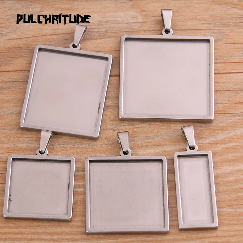 

PULCHRITUDE 2pcs/lot Silver 5 Styles Stainless Steel Square Cabochon Base Setting Diy Blank Pendant Tray For Necklace Making