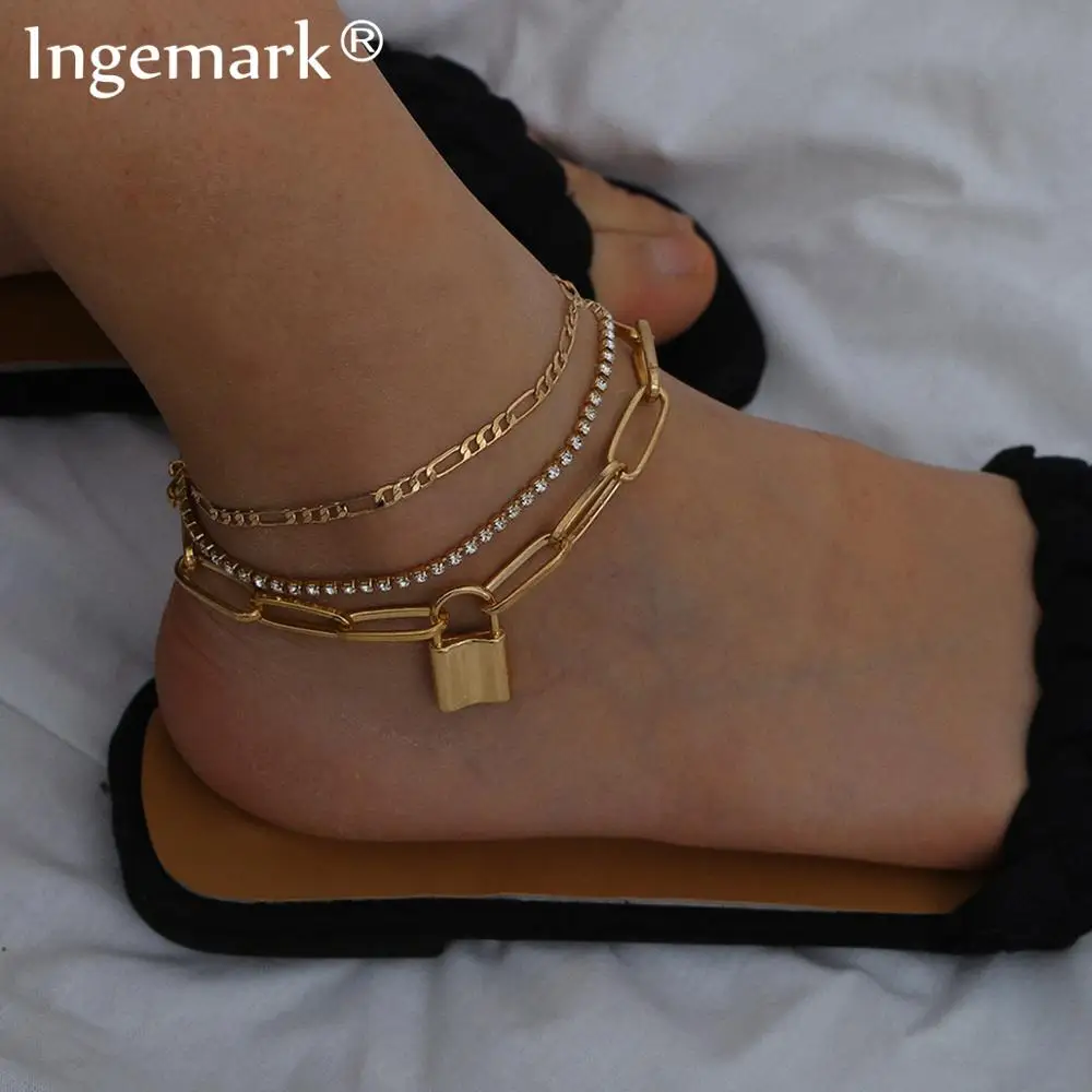 Punk Lover Lock Pendant Crystal Chain Anklet Bracelet Women Adjustable Luxury Rhinestone Thin Link Barefoot Sandals Foot Jewelry Punk Lover Lock Pendant Crystal Chain Anklet Bracelet Women Adjustable Luxury Rhinestone Thin Link Barefoot Sandals Foot Jewelry