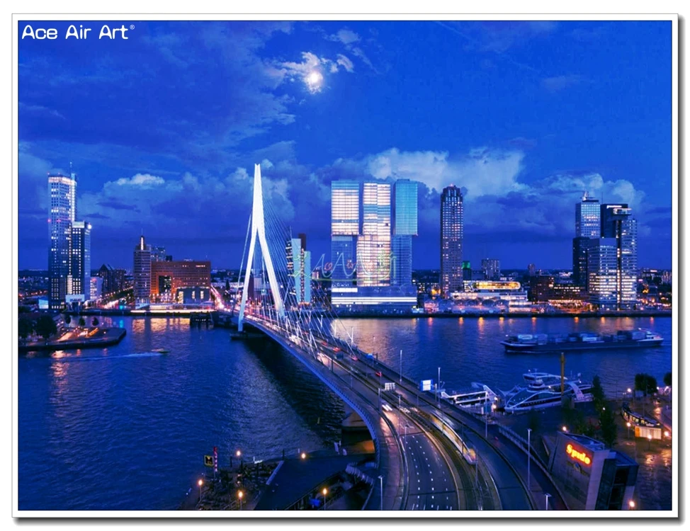 Europe Landscape 5d DIY Diamond Painting Netherlands Scenery Mosaic Embroidery Erasmus Bridge in Rotterdam for Room Decoration 