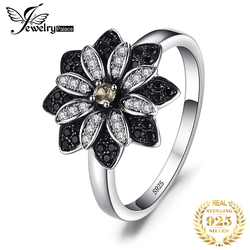 JewelryPalace Flower Genuine Smoky Quartz Black Spinel 925 Sterling Silver Cocktail Ring for Women Fine Jewelry Anniversary Gift |