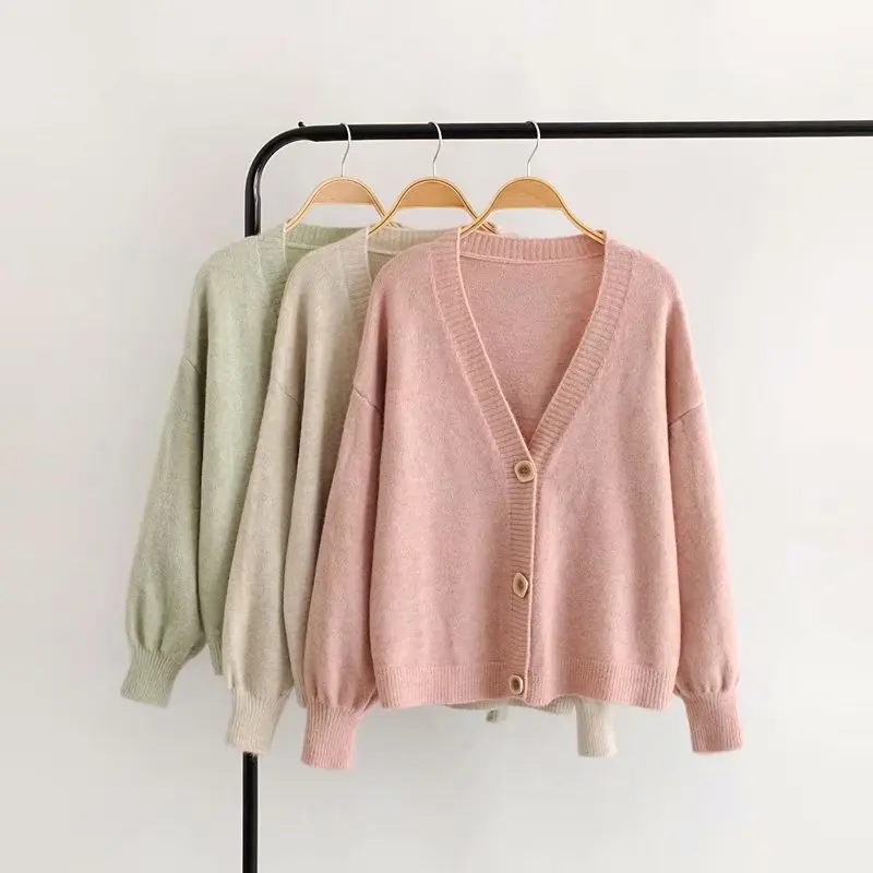 Mohair Cardigan Sweater Single Breasted Women Knitted Jacket Coat V Neck Sweater Solid Color