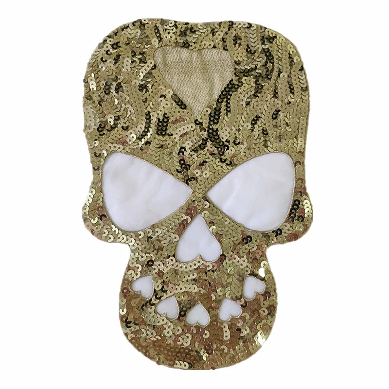 

Skullhead Patches For Clothing Luxury Golden Sequins Patch Strange Things Sequined Stickers Clothes Large Biker Badge Christmas