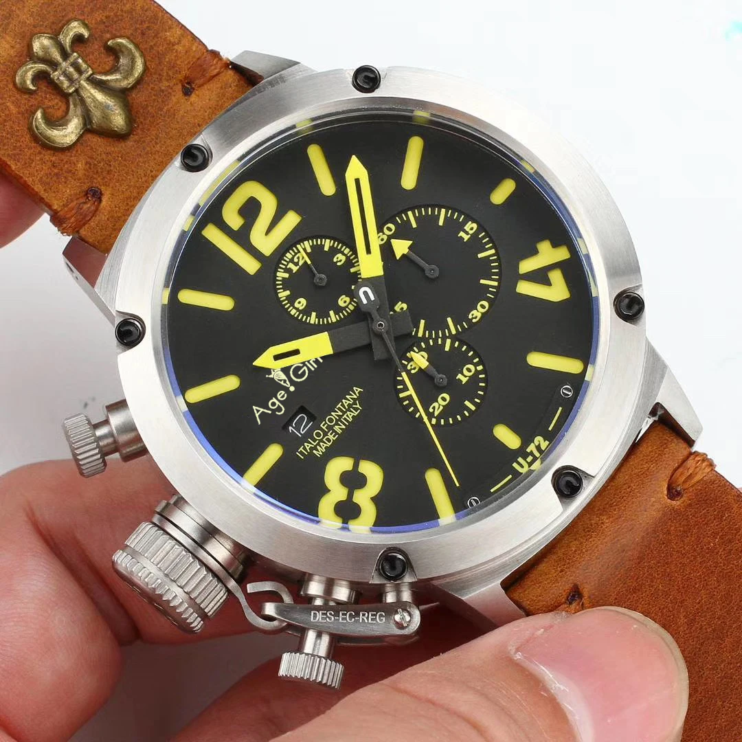 Yellow Brown Абсолютно кварцевый хронограф, секундомер, мужские часы U1001 U72, Химера, серебро, коричневый, коровья кожа, черная кожа, часы для лодки, AAA - Цвет: Yellow Brown