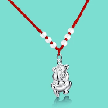 

925 sterling silver pig pendant necklaces for women Chinese zodiac pendant rope chain ethnic Solid silver jewelry Free shipping