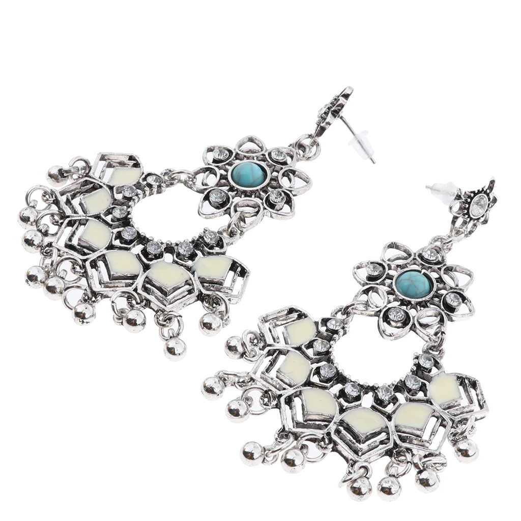 Silver White Vintage Rhinestone Floral Pattern Drop Dangle Stud Earrings for Women Ladies- Unique and Fashion Design - Цвет: Silver White