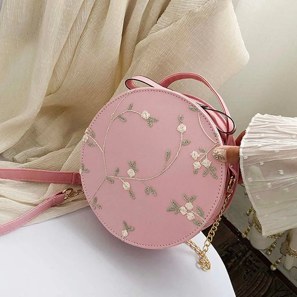 Women Lace Round Messenger Bag Sweet Handbags PU Leather Crossbody Bags Female Small Fresh Flower Chain Shoulder Bags#LL