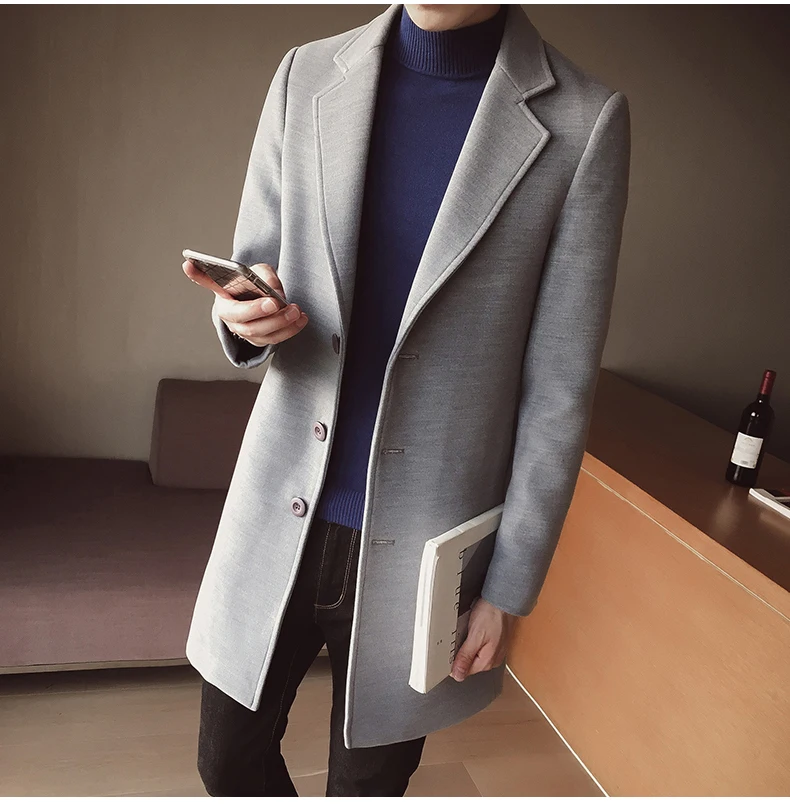 Осенне-зимнее шерстяное пальто, Мужская модная куртка средней длины, мужское пальто с отложным воротником, однотонное приталенное мужское пальто, M-5XL