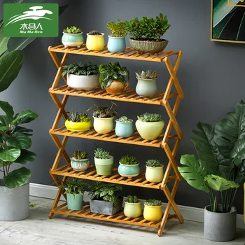 

Modern simple ground flower shelf bamboo plant racks multi layer folding creative balcony living room flower pot stand
