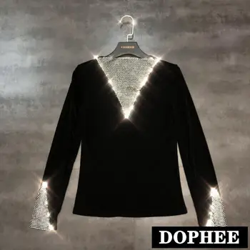 

2019 Spring and Fall New V-collar Hollowed Water Drill Splice Stretch Undershirt Black T-shirt Girl Students Long Sleeve Tops