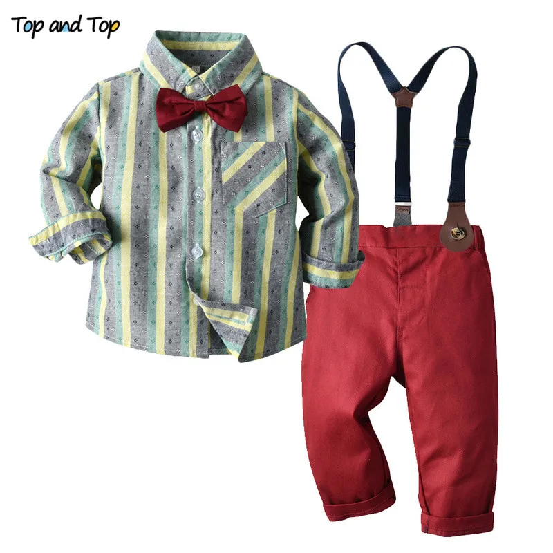 Топ и топ, детский комплект одежды джентльмена для мальчиков, рубашка в полоску с длинными рукавами и галстуком-бабочкой+ комбинезон, Детский Повседневный комплект одежды из 2 предметов - Цвет: Красный
