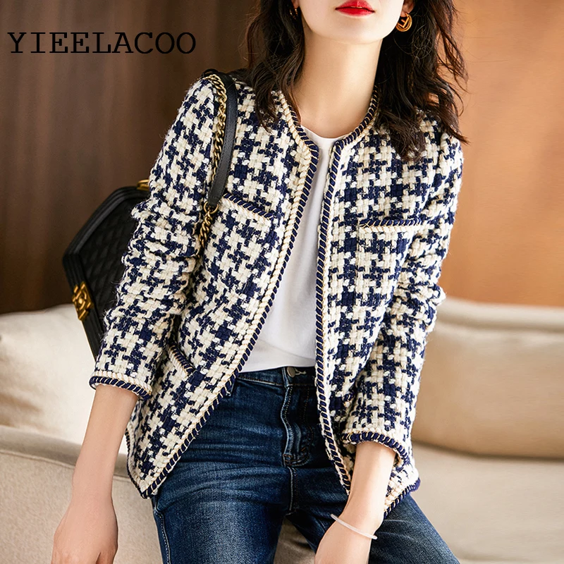 Promo  Tweed jacket Dark blue Plaid spring / autumn / winter women's jacket lapel long sleeve Business lad