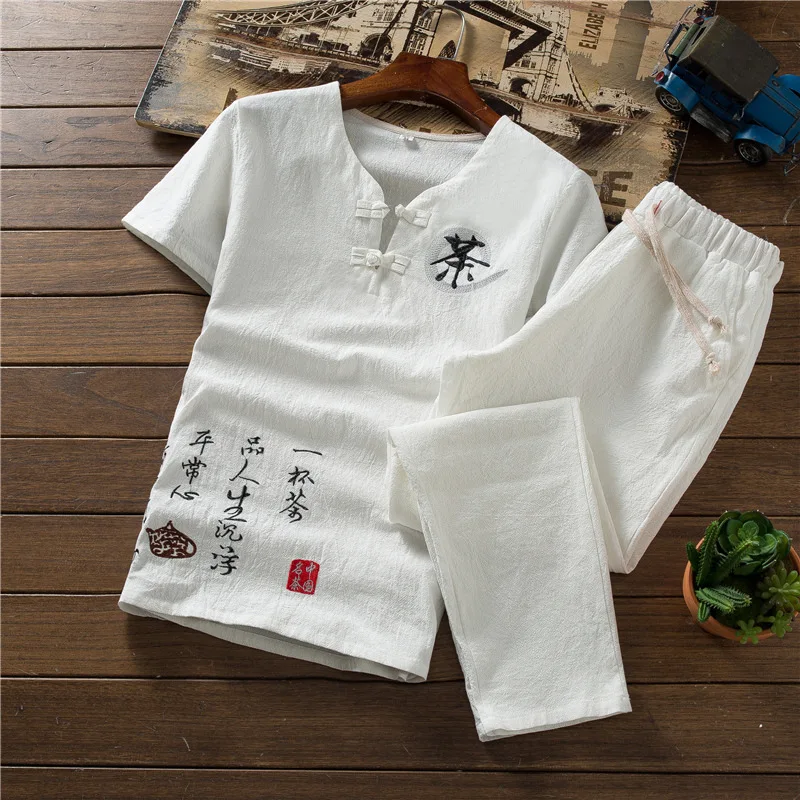 

Chinese-style Summer Flax Set Men Cotton Linen Embroidery Loose Short Sleeve T-shirt Large Size Capri Pants