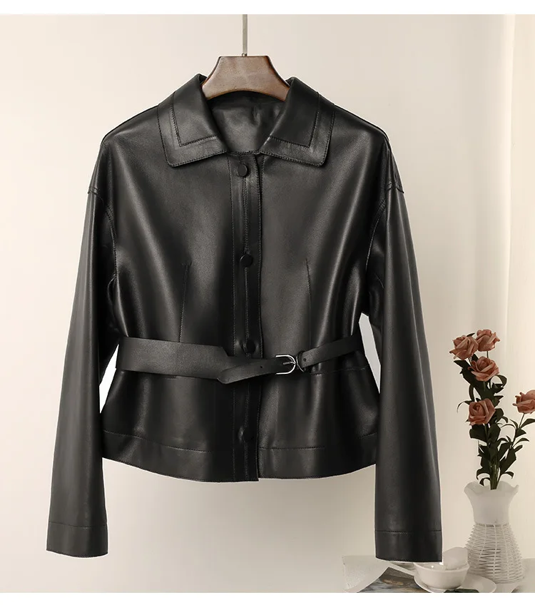 Spring Autumn Designer Women's Genuine Leather Belt Jackets Korean Style Sheepskin Short Coat C211