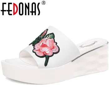

FEDONAS Elegant Embroider Wedged Platforms High Heels Sandals For Women Genuine Leather Female Slippers Casual Basic Shoes Woman