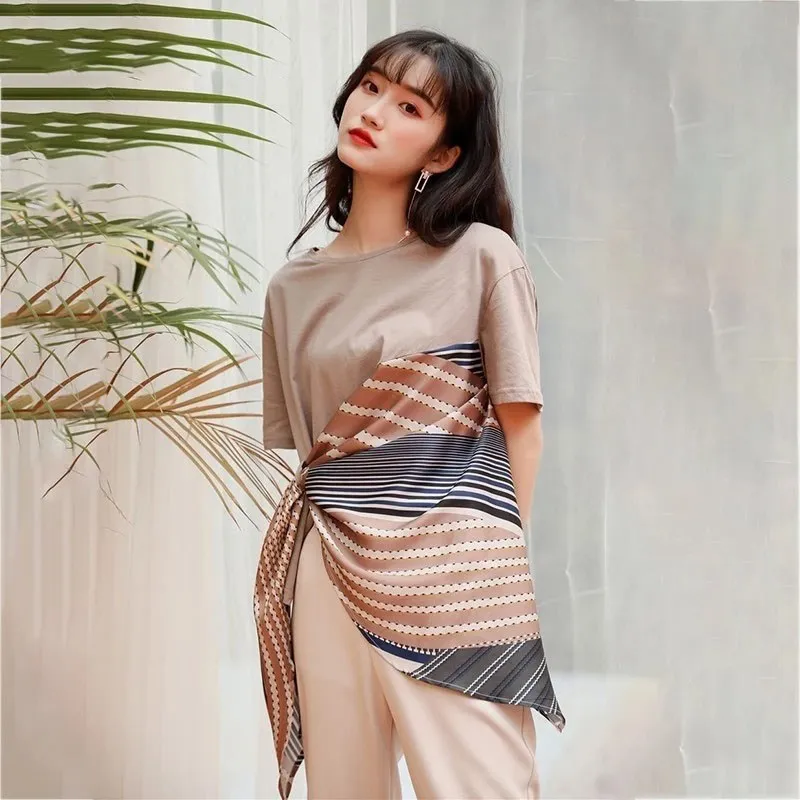 

Irregular T-shirts Women O Neck Short Sleeve Patchwork Hit Color Asymmetrical Tops Female Tide Fashion T-shirts
