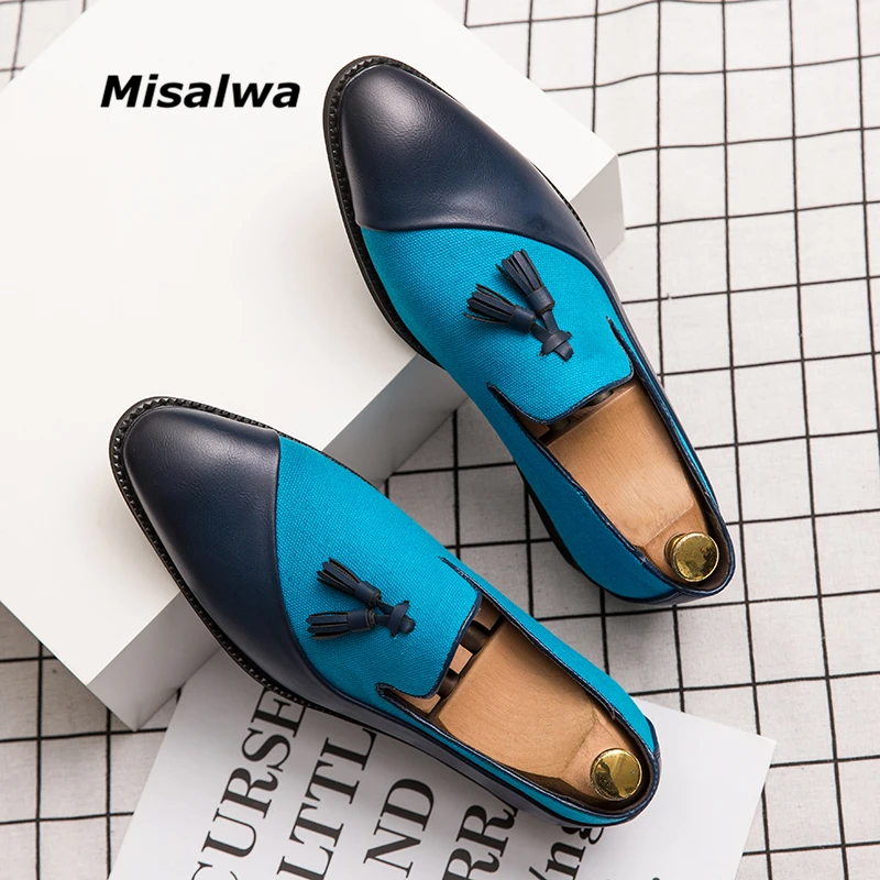Мужские туфли оксфорды Misalwa синие черные кожаные на плоской подошве с кисточками