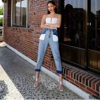 

New Women's jeans spring new spring fashion high waist patchwork contrast blue jeans straight jeans women