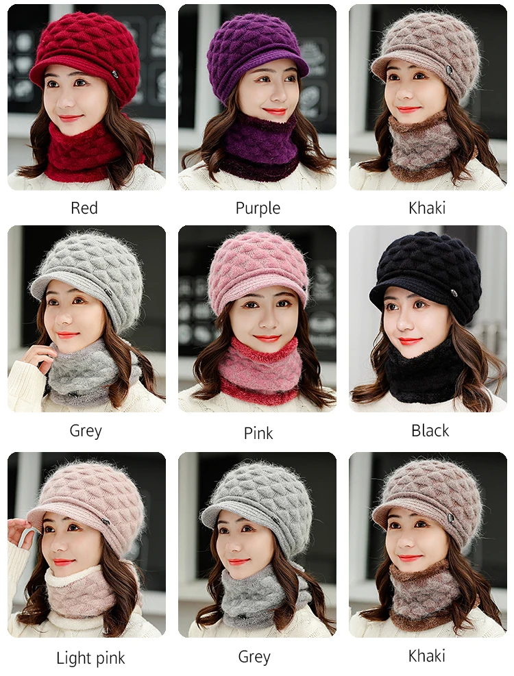 Зимние женские вязанные шарф и шапка из кроличьей шерсти, модные зимние шляпы для женщин