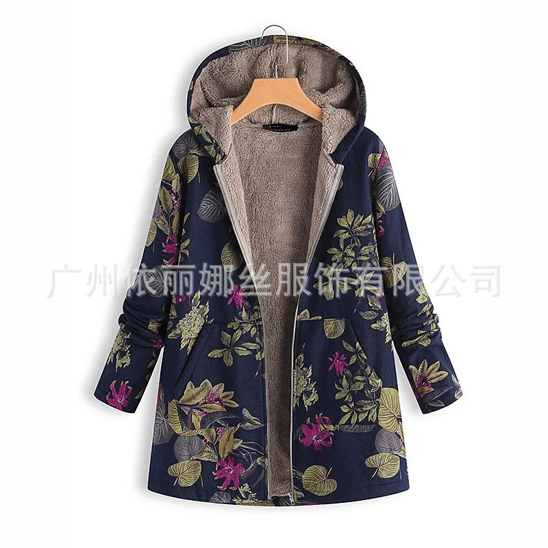 NXH винтажное пальто с цветочным принтом Женская осенне-зимняя куртка с капюшоном плюшевые пальто свободные размеры шерстяные смеси - Цвет: blue