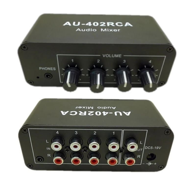 AU-402RCA 12V Stereo Audio Mixed Distributor Signal Selector switcher 4 Input 2 output RCA Volume Controls Headphones Amplifier musical instrument amplifiers