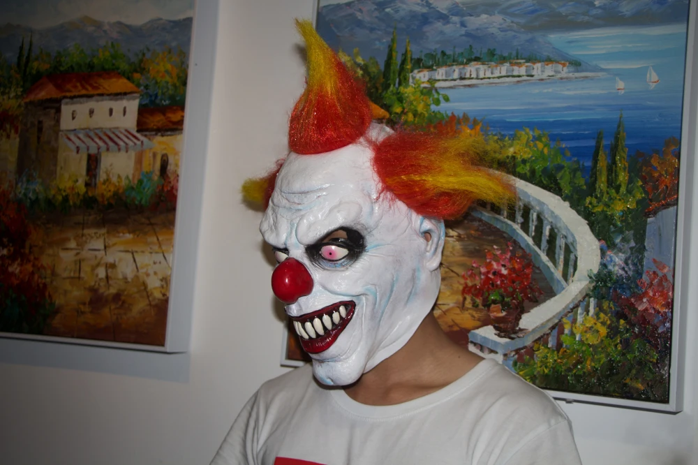 Страшная злой клоун латексная резиновая маска на Хеллоуин Клоун Маска с волосами для взрослых