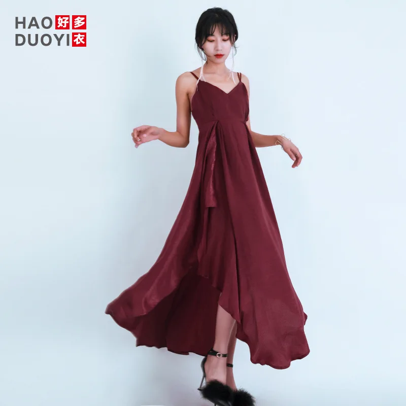 

Haoduoyi Sweet Sexy V-neck off-Shoulder Backless Irregular Strapped Dress Women's