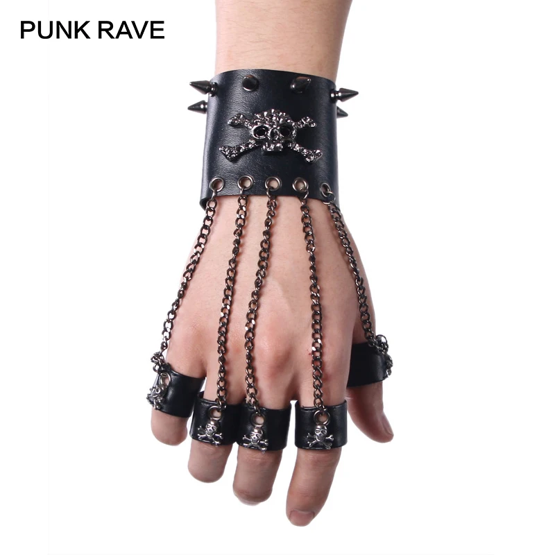 HOT SALES! PUNK RAVE Rock Style Man Skull Spike Glove Gothic Men Bracelet Glove Steampunk PU Leather Skull Cuff-One Glove