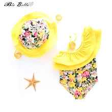 Детский комплект бикини для девочек, купальный костюм для маленьких девочек, комплект из 2 предметов: боди+ шапочка, купальный костюм-бикини для девочек 1-5 лет