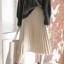 Элегантная миди плиссированная трикотажная юбка для женщин осень зима Корейская длина до колена трапециевидная Юбка Империя Однотонная юбка с высокой талией