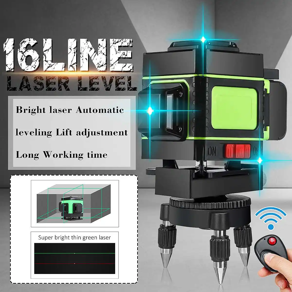 

Portable Waterproof 16-Line Blue Light Automatic Leveling Level Measuring Device 360 Degree Rotation Vertical Cross Laser Level