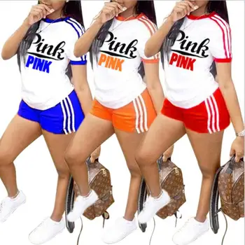 

2018 Pink letter print 2 piece set tracksuit women plus size top and pants casual outfit sweat suits two piece sweatshirt