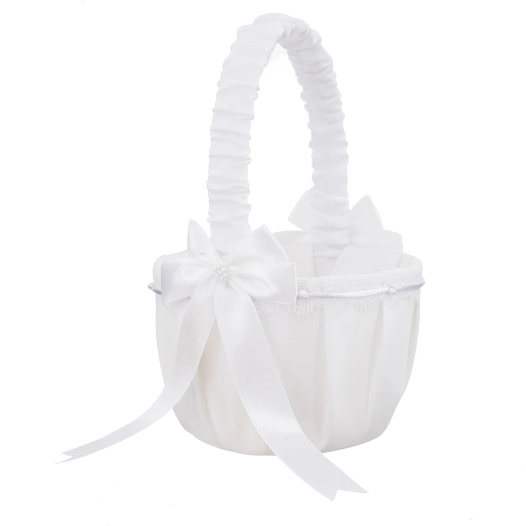 Flower Girl Basket – White Flower Basket, Wedding Basket Matrimony Processions, Reception Decoration, White, 8.7 x3.54 inches