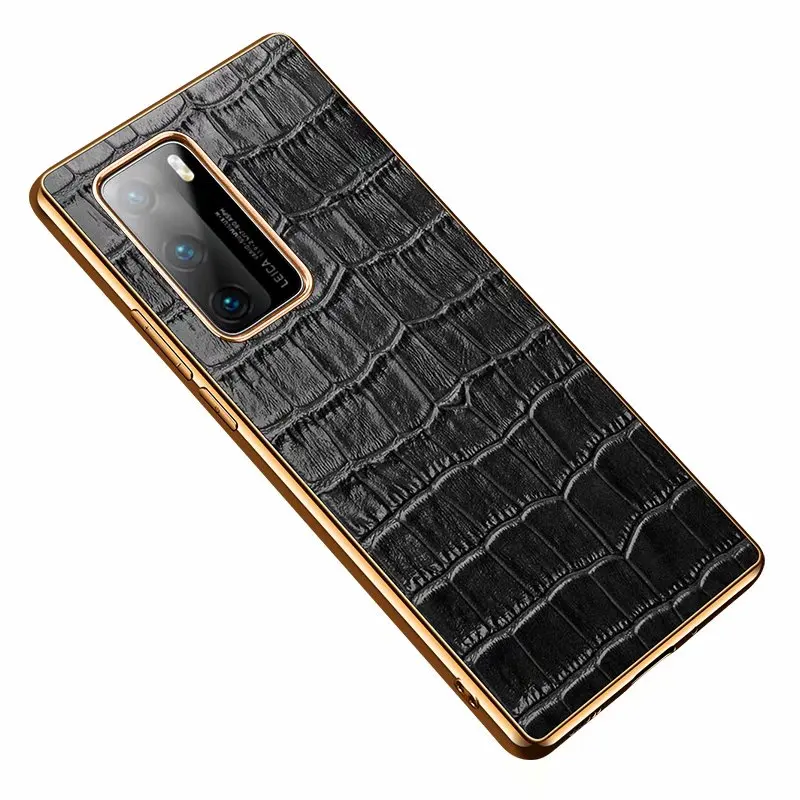 

Genuine Leather Shockproof Crocodile Pattern Gold Case Cover For Huawei P40 Pro + 6.1 6.58 Inch