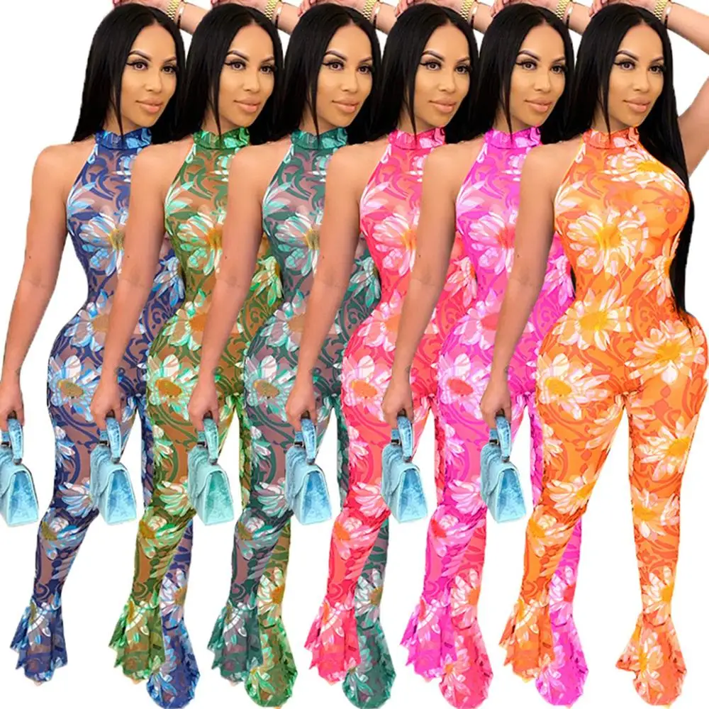 

2020 Summer New Hot Selling Jumpsuit Tight Sexy Rompers Perspective Polyester Mesh Printing Backless Jumpsuit
