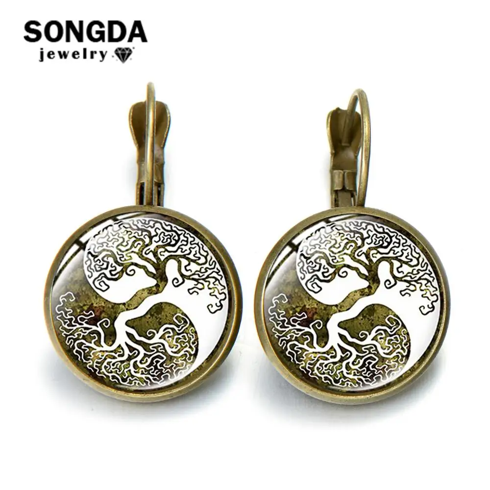 Серьги SONGDA Yin and Yang в стиле жизни с изображением дерева стеклянные выпуклые серьги