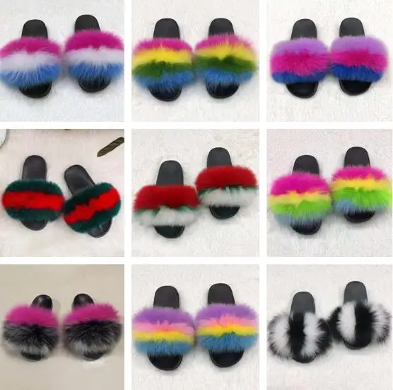 

Ladies Colorful Fox Fur Home Fluffy Slippers Women's Lovely Plush Real Fox Hair Slides Party Furry Flip Flops sandals women 2019