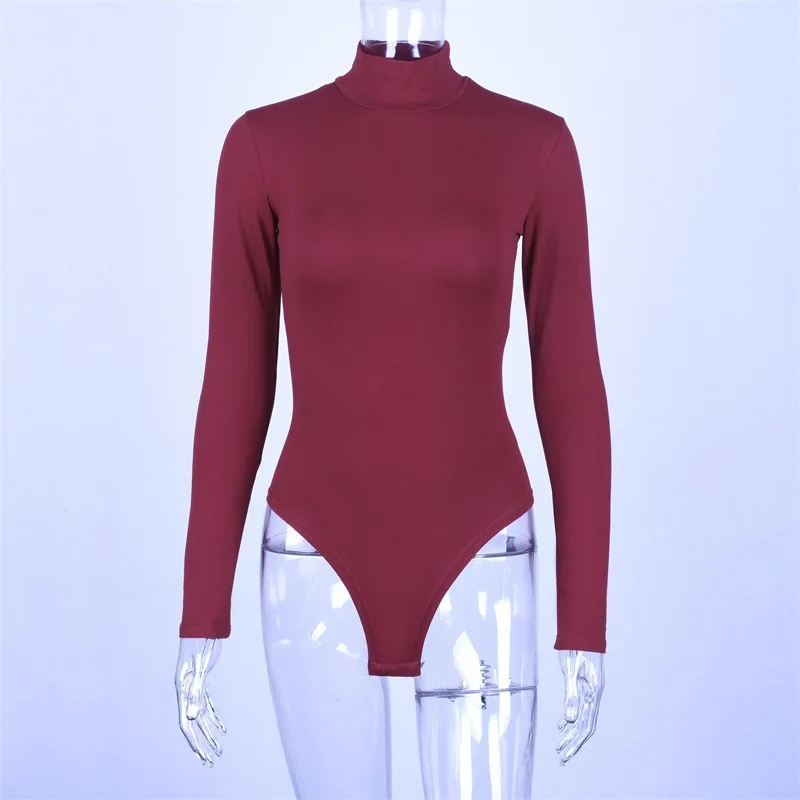 wine red LOSSKY, хлопок, длинный рукав, женский сексуальный боди, Осень-зима, женская теплая одежда, облегающий, модный, однотонный, боди, костюм - Цвет: wine red