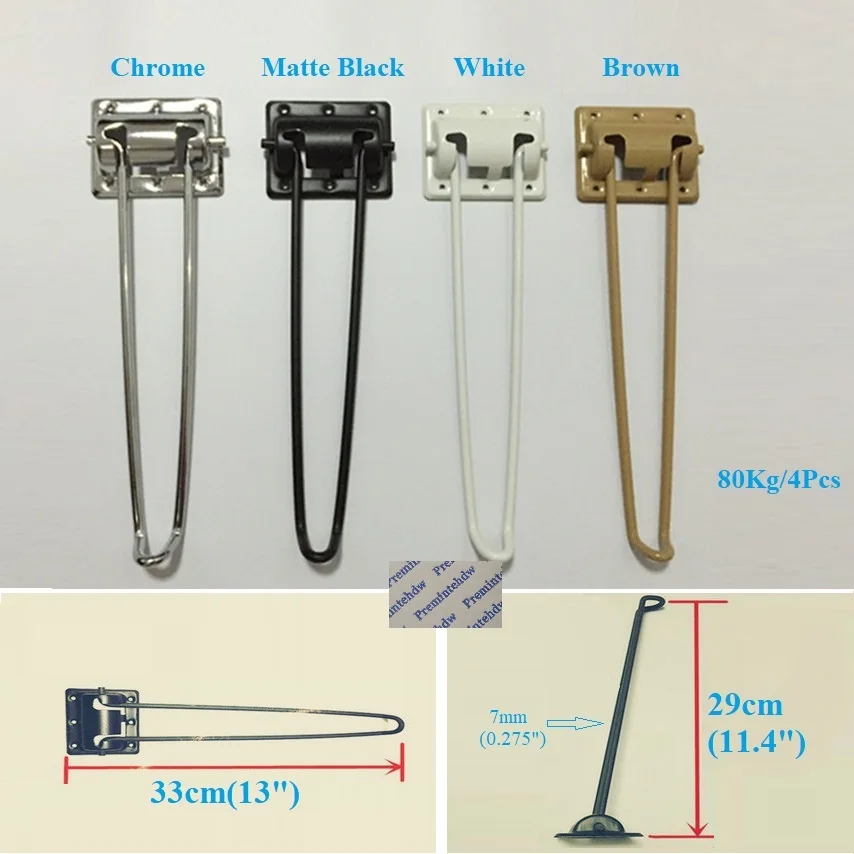 4Pcs 11" 29CM High Steel Wire Folding Hairpin Legs Coffee Laptop Table Desk Bench Display Stand Chrome Matte Black White Brown