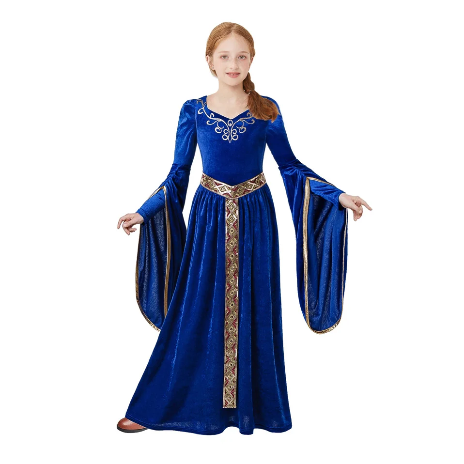 Pettigirl Girls, наряды на Хэллоуин, на возраст от двух до восьми макси-платья для девочек средневековый синий бархатное платье принцессы костюм в стиле «Ренессанс» Косплэй детская одежда фантазия