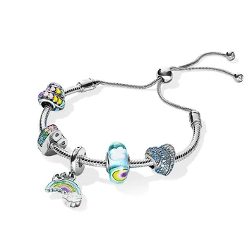 

Authentic 925 Sterling Silver Multi-Colour Hearts Europe Bracelet Set Fit Original Women Bead Charm Bangle Gift DIY Jewelry