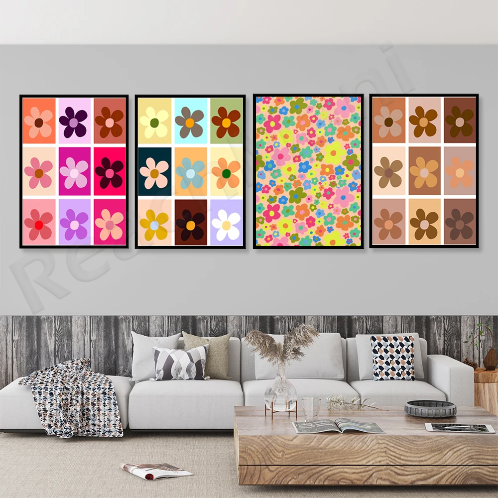 

Flowers, retro aesthetics, wall art groovy, y2k, girly neutral wall decoration, wall art, color floral print pattern, flower pow