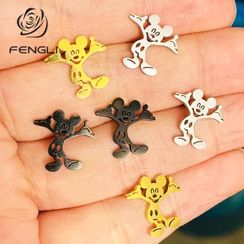 

FENGLI Lovely Stainless Steel Mickey Stud Earring For Women Black Romantic Girl Earrings Statement Mouse Fashion Ear Studs