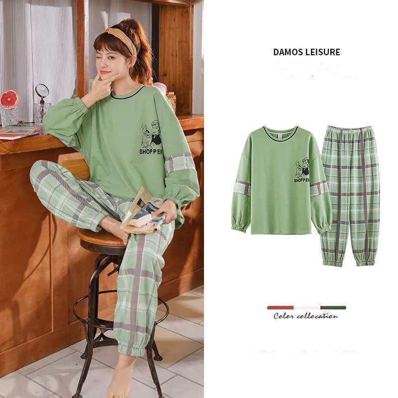 Spring Autumn O-Neck Cotton Sleepwear Long-sleeved Trousers Pajamas Two-piece Women Cute Cartoon Pijamas Nightie Home Clothes