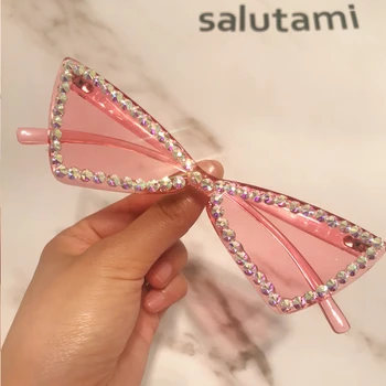 

Pink Clear Crystal Cat Eye Sunglasses For Women Vintage Candy Color Rhinestones Sun Glasses Female Chic Shiny Party Shades Red