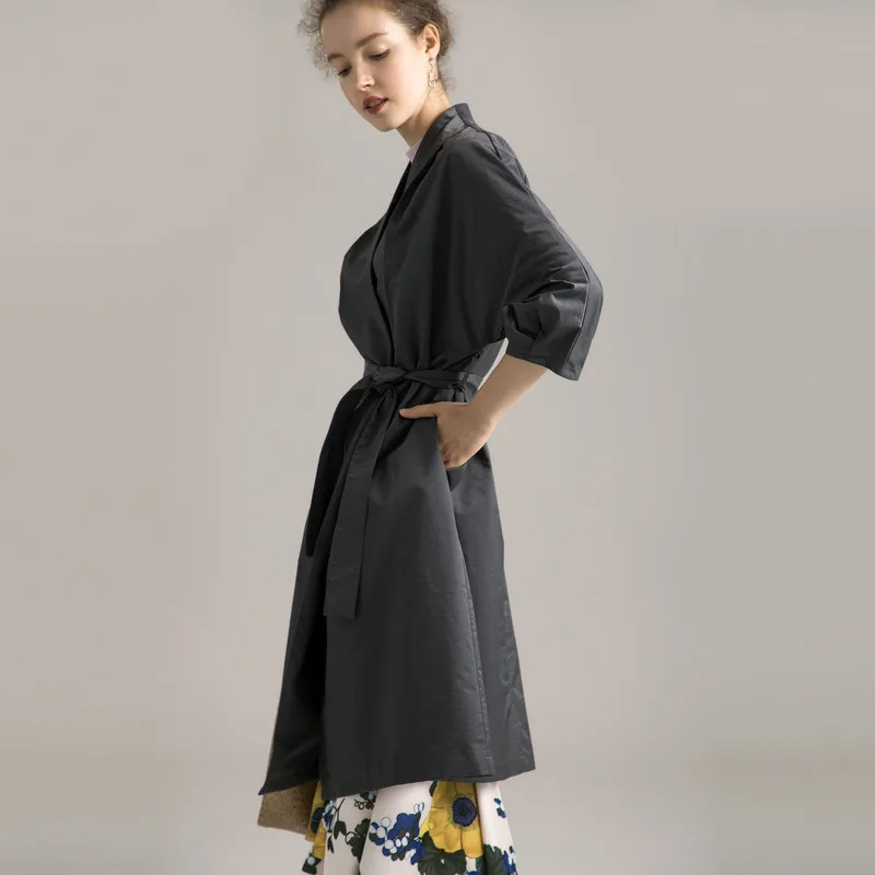 SuyaDream, черный женский длинный Хлопковый тренч с полурукавами и поясом, пальто для женщин,, Весенняя верхняя одежда