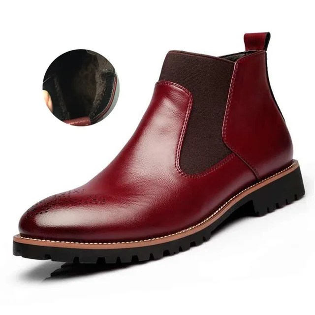 Wine red Fur Лидер продаж; мужские ботинки «Челси» на меху; сезон весна-зима; Модные ботильоны в британском стиле; повседневная обувь из мягкой кожи; большие размеры 38-46 - Цвет: Wine red Fur