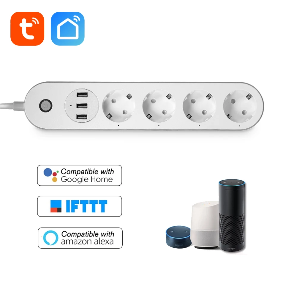 Умная розетка с Wi Fi голосовым управлением таймером и 4 розетками переменного тока