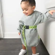 Модный осенний пуловер для маленьких девочек, одежда спортивные платья с длинными рукавами и буквенным принтом теплые толстовки с поясом, От 6 месяцев до 5 лет